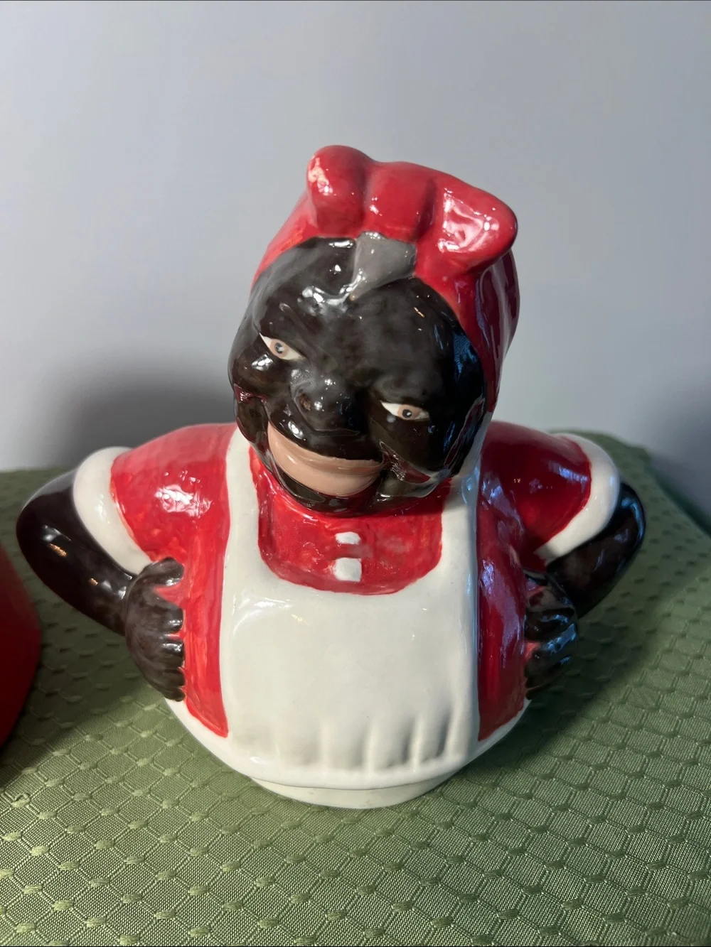 Red and White Ceramic Woman Cookie Jar